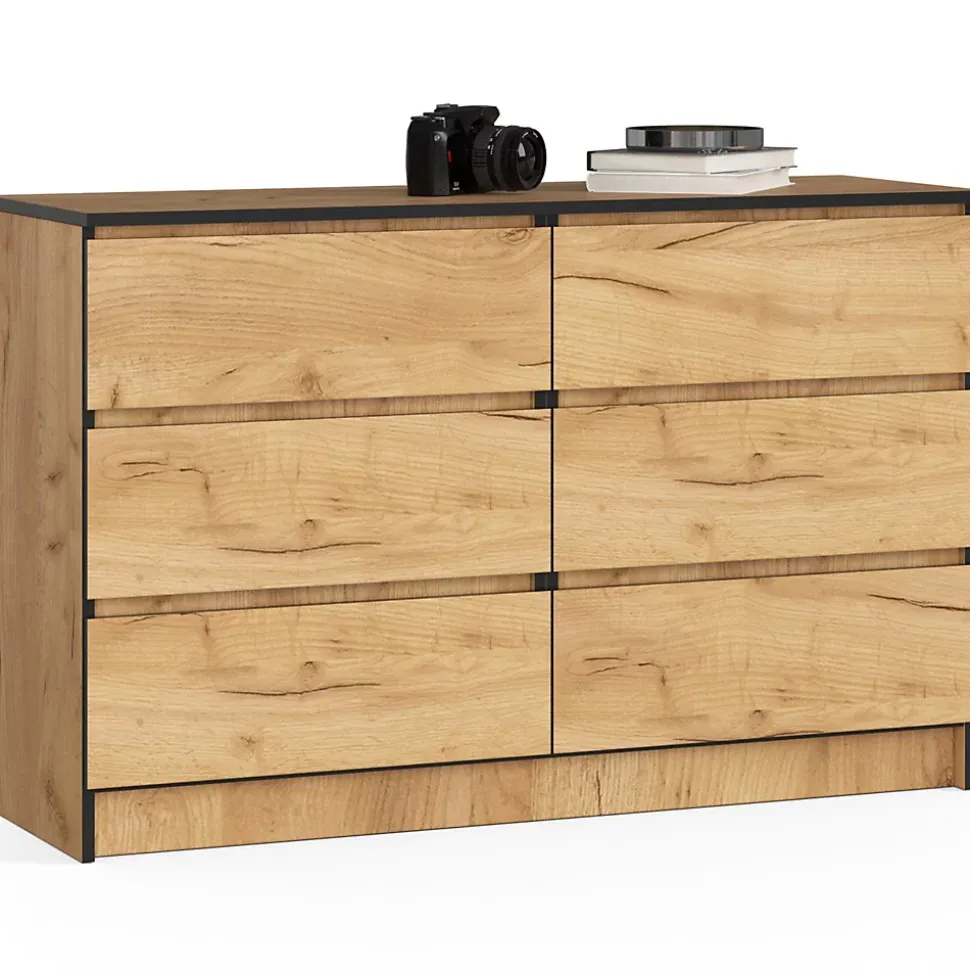 Commode AKORD K120 Chêne Craft 120 cm 6 tiroirs façade Chêne Craft 120x40x77 cm