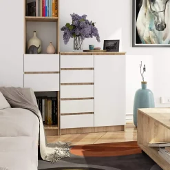 Commode AKORD K80 Chêne Sonoma 80 cm 1 porte 5 tiroirs façade Blanche 3 étagères 80x35x97 cm
