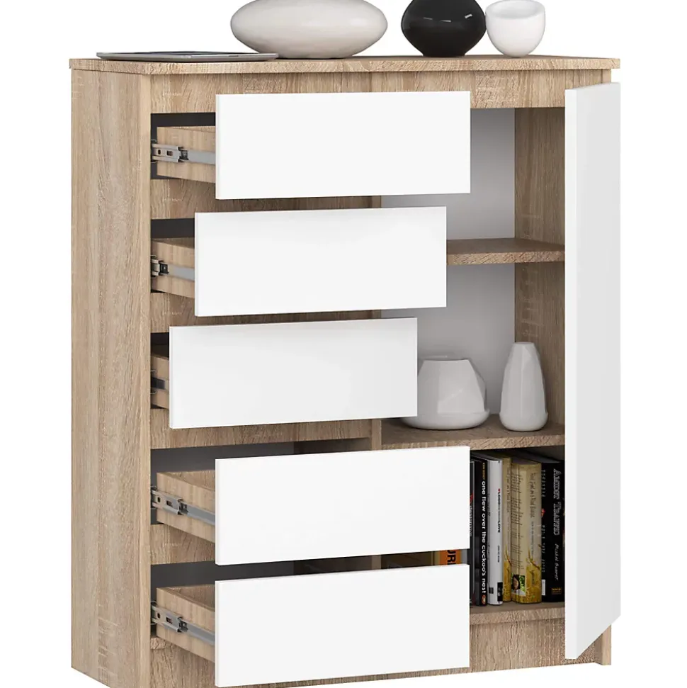 Commode AKORD K80 Chêne Sonoma 80 cm 1 porte 5 tiroirs façade Blanche 3 étagères 80x35x97 cm