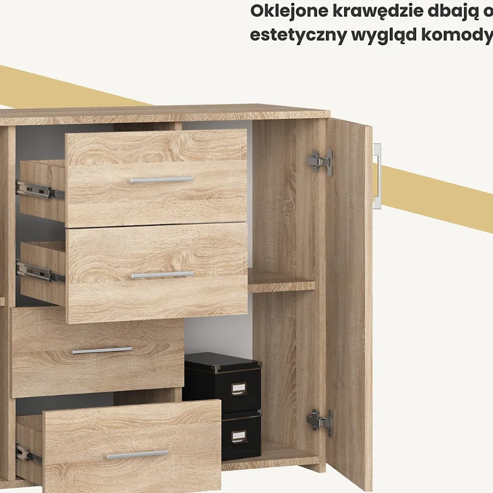 Commode AKORD K45 Chêne Sonoma 110 cm 2 portes 4 tiroirs façade Chêne Sonoma 4 étagères 110x35x80 cm