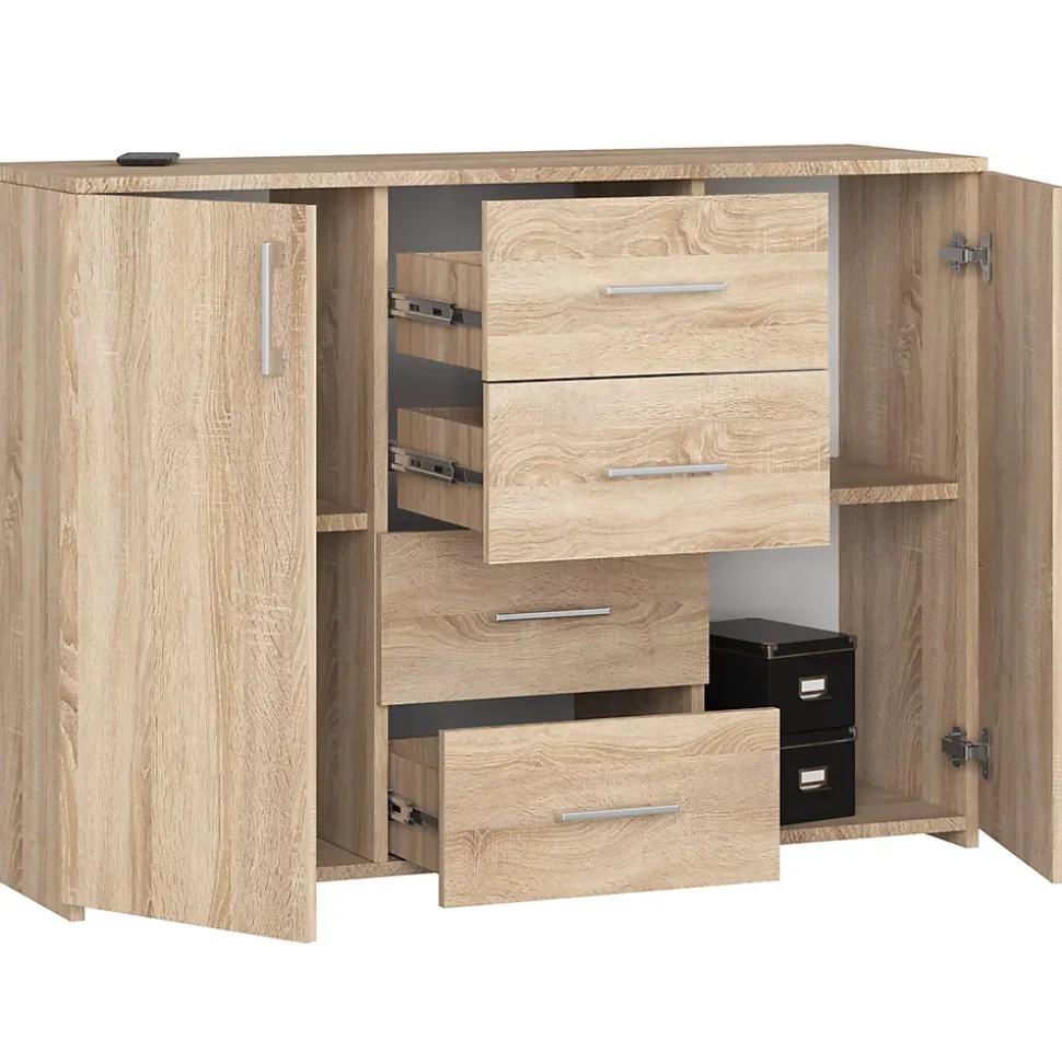 Commode AKORD K45 Chêne Sonoma 110 cm 2 portes 4 tiroirs façade Chêne Sonoma 4 étagères 110x35x80 cm