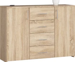 Commode AKORD K45 Chêne Sonoma 110 cm 2 portes 4 tiroirs façade Chêne Sonoma 4 étagères 110x35x80 cm