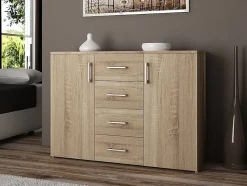 Commode AKORD K45 Chêne Sonoma 110 cm 2 portes 4 tiroirs façade Chêne Sonoma 4 étagères 110x35x80 cm