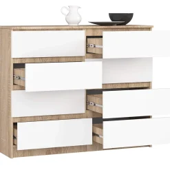 Commode AKORD K120 Chêne Sonoma 120 cm 8 tiroirs façade Blanche 120x40x99 cm