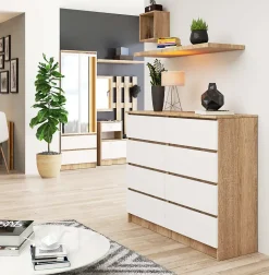 Commode AKORD K120 Chêne Sonoma 120 cm 8 tiroirs façade Blanche 120x40x99 cm