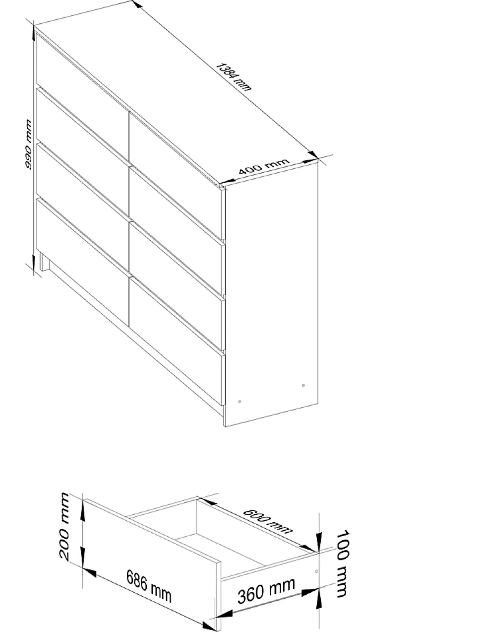 Commode AKORD K140 Wengé 138 cm 8 tiroirs façade Wengé 138x40x99 cm