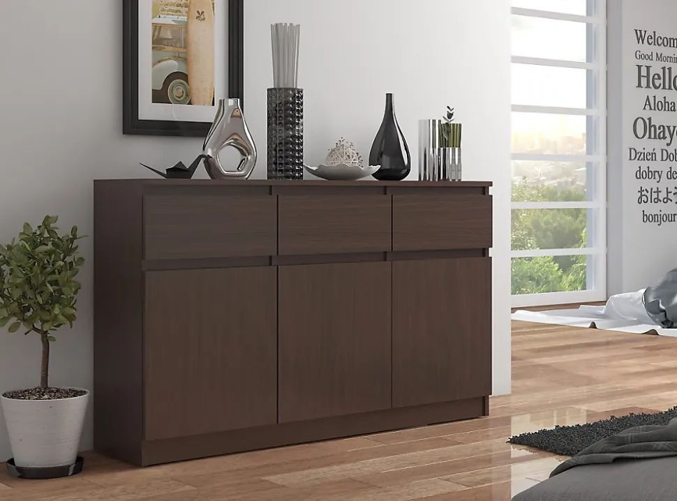 Commode AKORD K140 Wengé 138 cm 3 portes 3 tiroirs façade Wengé 6 étagères 138x40x99 cm