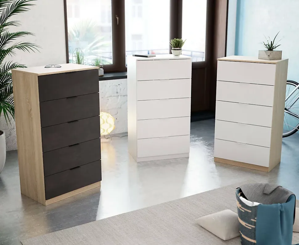 Commode Armenia, Commode 5 tiroirs, Commode pour chambre à coucher, Commode moderne, 60x40h110 cm, Blanc