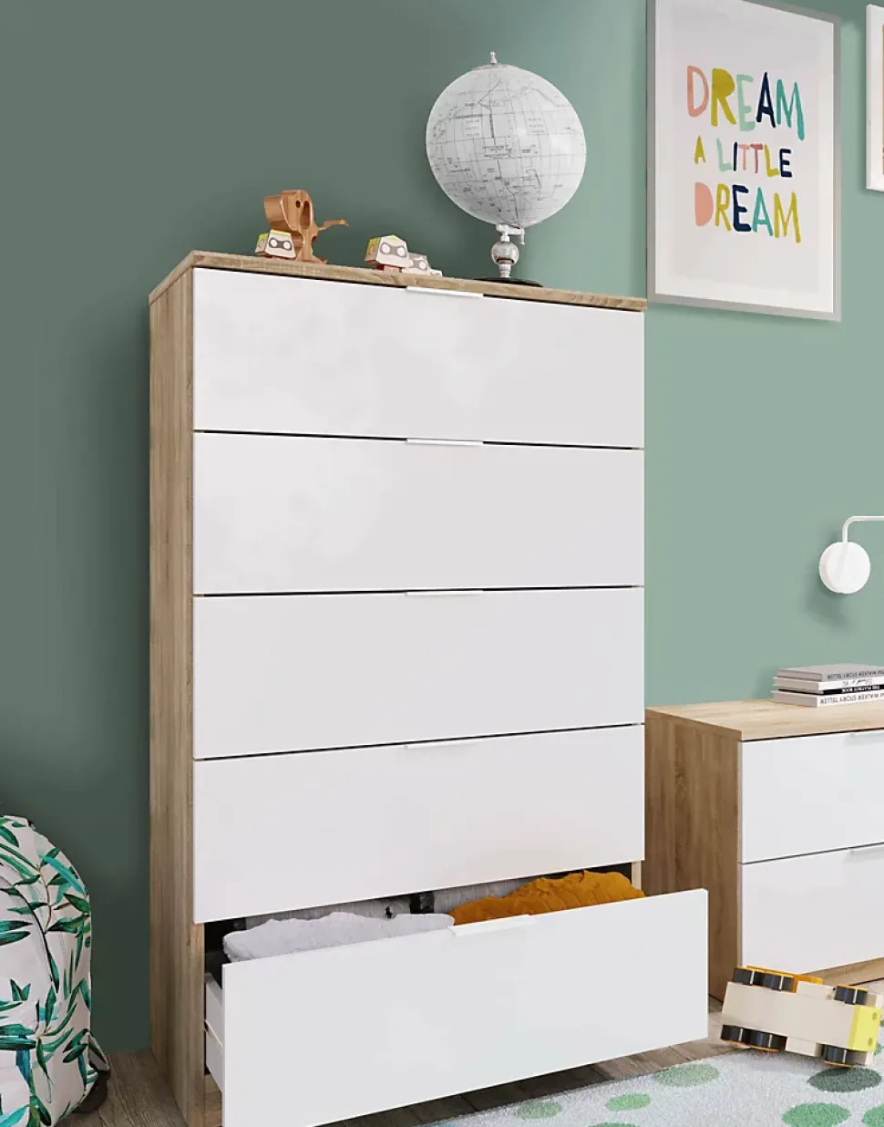 Commode Armenia, commode à 5 tiroirs, commode pour la chambre, commode moderne, 60x40h110 cm, chêne et blanc
