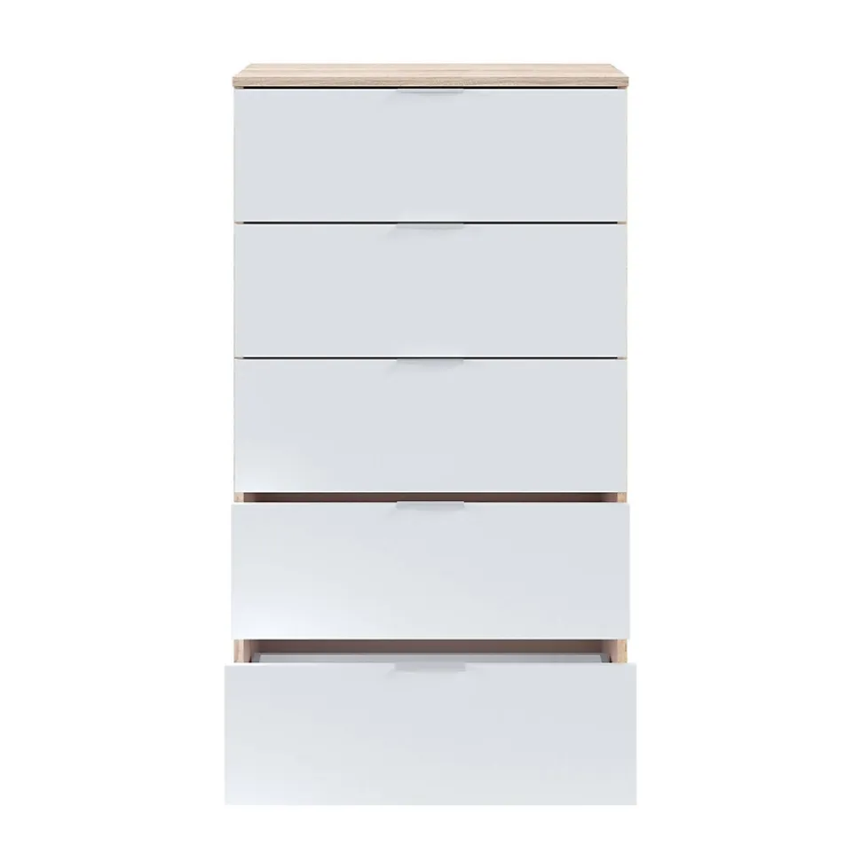 Commode Armenia, commode à 5 tiroirs, commode pour la chambre, commode moderne, 60x40h110 cm, chêne et blanc