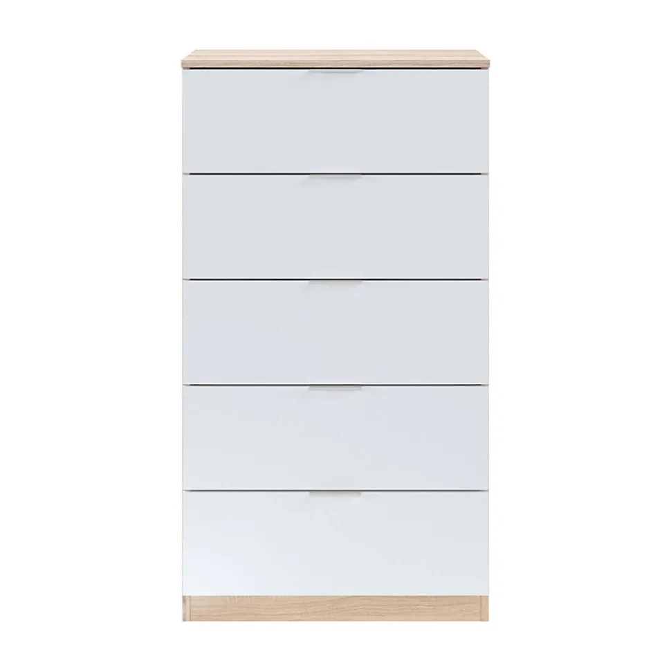 Commode Armenia, commode à 5 tiroirs, commode pour la chambre, commode moderne, 60x40h110 cm, chêne et blanc