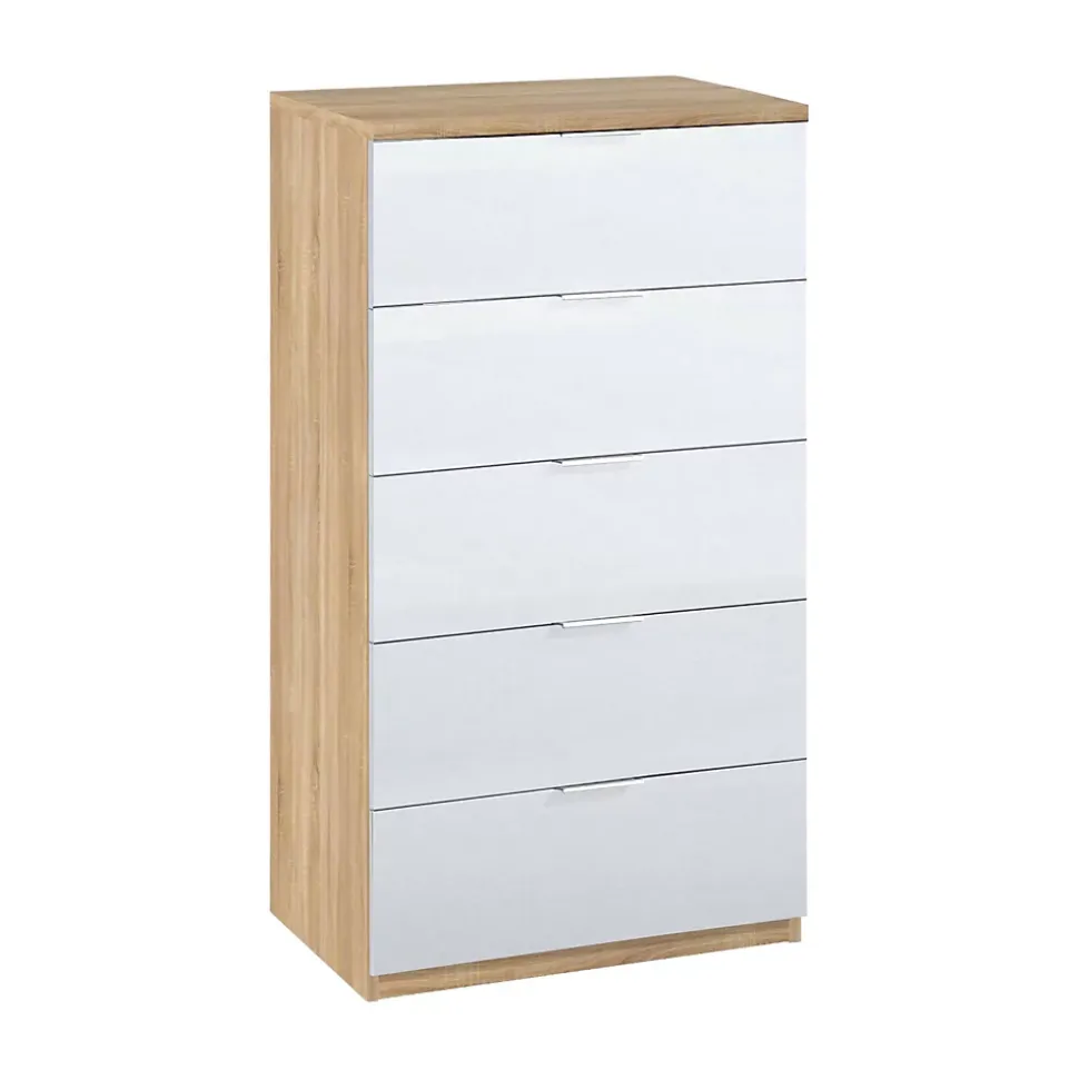 Commode Armenia, commode à 5 tiroirs, commode pour la chambre, commode moderne, 60x40h110 cm, chêne et blanc