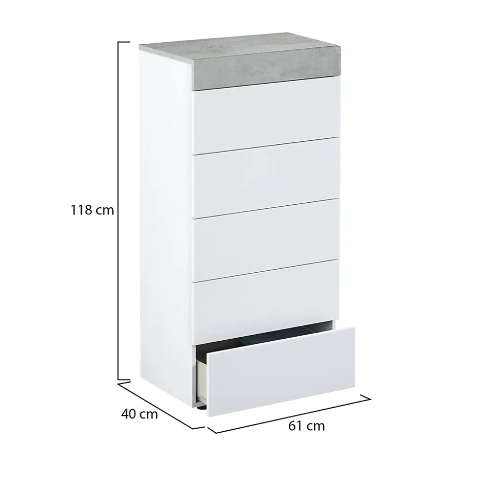 Commode Armo, commode 5 tiroirs, commode pour la chambre, commode moderne, 61x40h118 cm, blanc