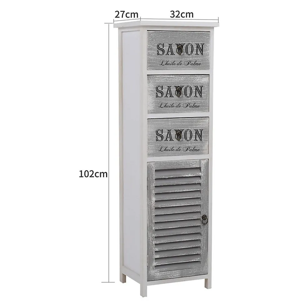Commode Armoire Blanc Gris 3 Tiroirs Porte Bois 102x32x27