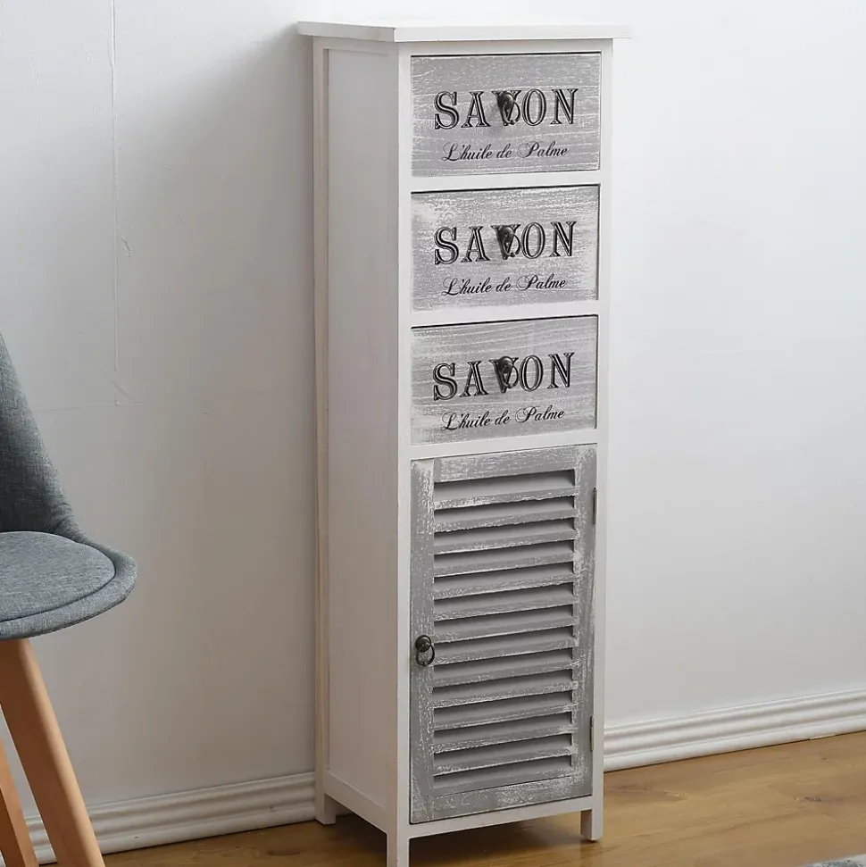 Commode Armoire Blanc Gris 3 Tiroirs Porte Bois 102x32x27