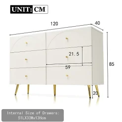 Commode avec 6 tiroirs - pieds dorés - en Panneaux de particules - Blanc