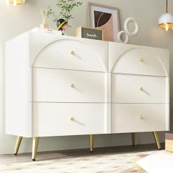 Commode avec 6 tiroirs - pieds dorés - en Panneaux de particules - Blanc