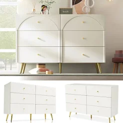 Commode avec 6 tiroirs - pieds dorés - en Panneaux de particules - Blanc