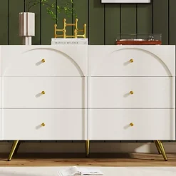 Commode avec 6 tiroirs - pieds dorés - en Panneaux de particules - Blanc