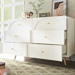 Commode avec 6 tiroirs - pieds dorés - en Panneaux de particules - Blanc