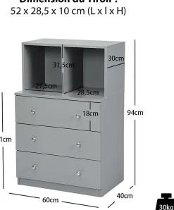 Commode avec 3 Tiroirs Coulissants 60x40x94CM,Organisateur de Rangement avec Dispositifs Anti-Basculement,Gris