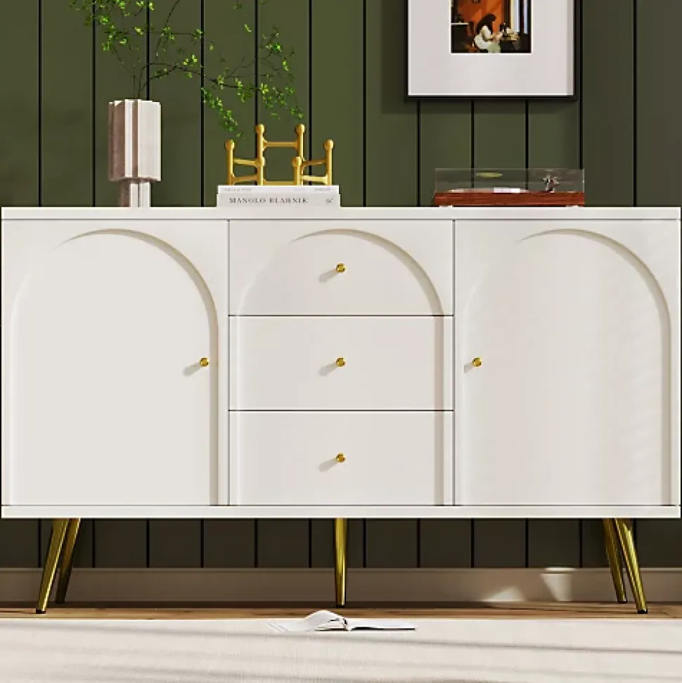Commode avec 3 tiroirs et 2 portes - pieds dorés - en Panneaux de particules - Blanc