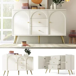 Commode avec 3 tiroirs et 2 portes - pieds dorés - en Panneaux de particules - Blanc