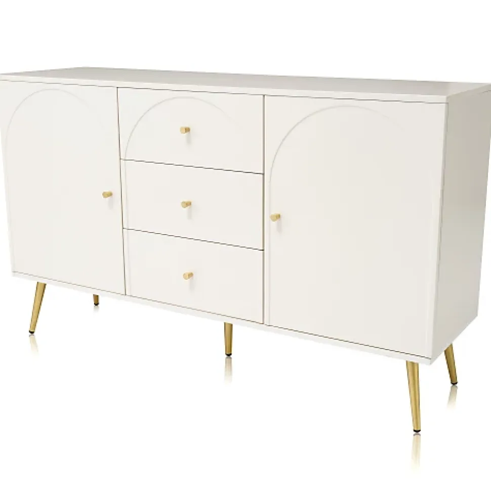 Commode avec 3 tiroirs et 2 portes - pieds dorés - en Panneaux de particules - Blanc