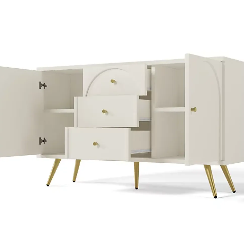 Commode avec 3 tiroirs et 2 portes - pieds dorés - en Panneaux de particules - Blanc