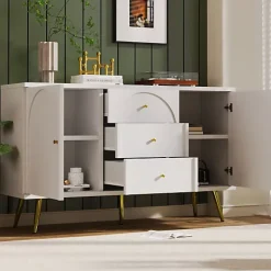 Commode avec 3 tiroirs et 2 portes - pieds dorés - en Panneaux de particules - Blanc