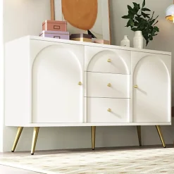 Commode avec 3 tiroirs et 2 portes - pieds dorés - en Panneaux de particules - Blanc