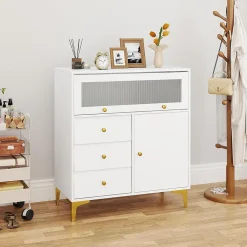 Commode avec 3 Tiroirs et 2 Compartiments Clôturés-1 Porte Ouverte et 1 Porte Rabattable-Pieds en Métal Solides-80x40x95,5CM