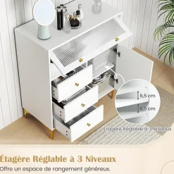Commode avec 3 Tiroirs et 2 Compartiments Clôturés-1 Porte Ouverte et 1 Porte Rabattable-Pieds en Métal Solides-80x40x95,5CM