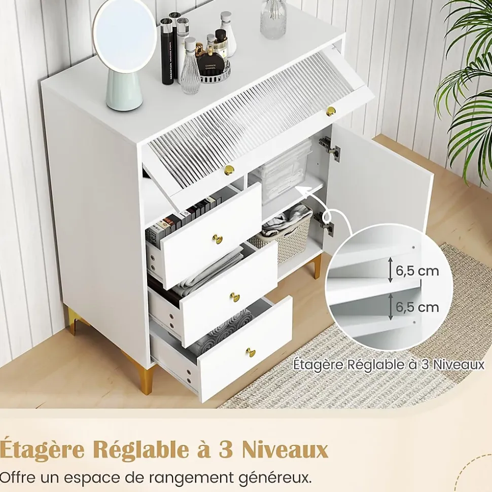 Commode avec 3 Tiroirs et 2 Compartiments Clôturés-1 Porte Ouverte et 1 Porte Rabattable-Pieds en Métal Solides-80x40x95,5CM