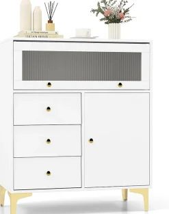 Commode avec 3 Tiroirs et 2 Compartiments Clôturés-1 Porte Ouverte et 1 Porte Rabattable-Pieds en Métal Solides-80x40x95,5CM