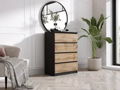 Commode Avec 4 Tiroirs Noir / Chêne Wotan, 70 X 39 X 101 Cm