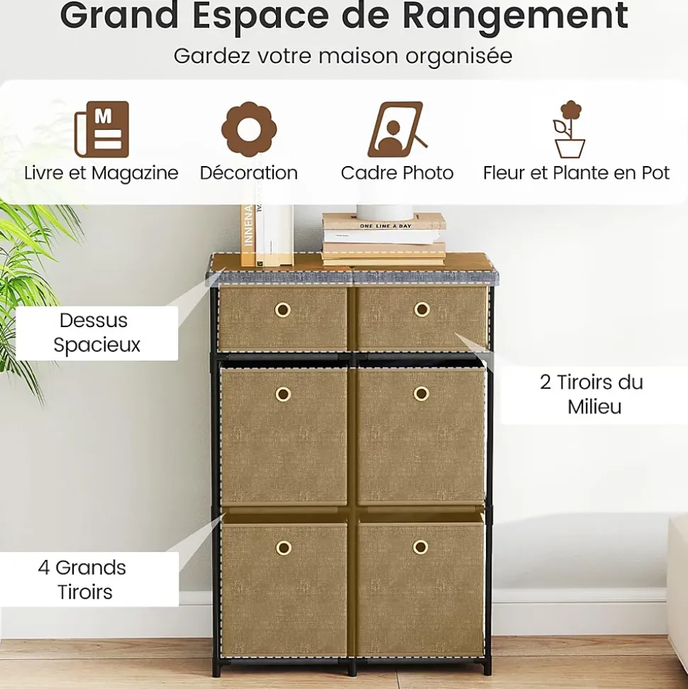 Commode avec 6/9 Tiroirs Pliables, Tour de Rangement avec Bacs en Tissu à Tirer Facilement & Cadre en Métal(6 Tiroirs,Gris)