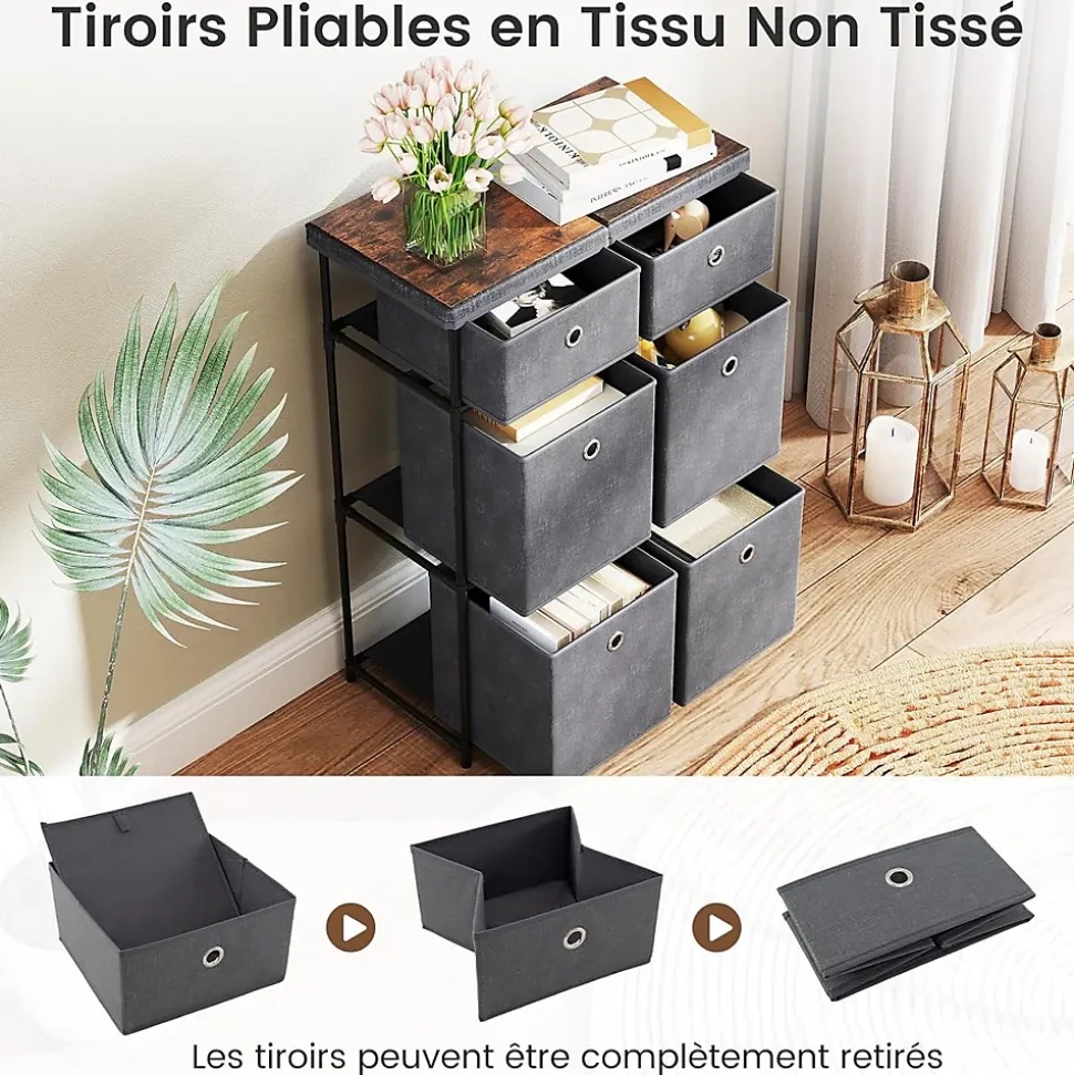 Commode avec 6/9 Tiroirs Pliables, Tour de Rangement avec Bacs en Tissu à Tirer Facilement & Cadre en Métal(6 Tiroirs,Gris)