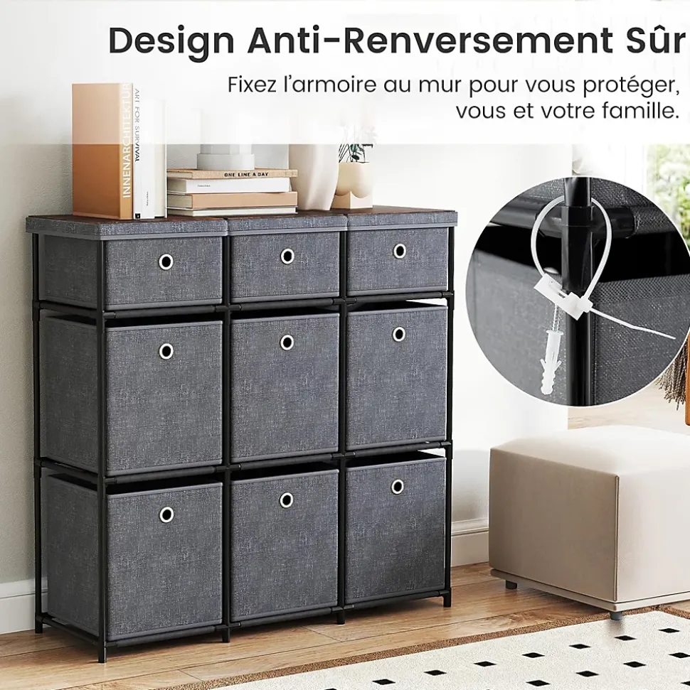 Commode avec 6/9 Tiroirs Pliables, Tour de Rangement avec Bacs en Tissu à Tirer Facilement & Cadre en Métal(9 Tiroirs,Gris)