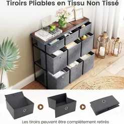 Commode avec 6/9 Tiroirs Pliables, Tour de Rangement avec Bacs en Tissu à Tirer Facilement & Cadre en Métal(9 Tiroirs,Gris)
