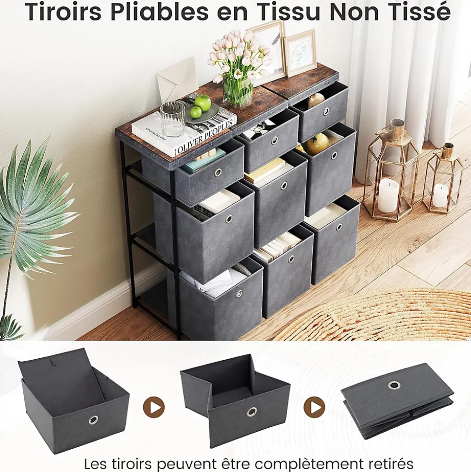 Commode avec 6/9 Tiroirs Pliables, Tour de Rangement avec Bacs en Tissu à Tirer Facilement & Cadre en Métal(9 Tiroirs,Gris)