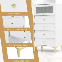 Commode avec 4 Tiroirs 60x40x112,5CM avec Placard à Porte en Verre et Tiroirs Coulissants-Pieds Métalliques Dorés,Blanc
