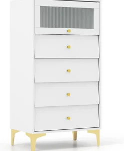 Commode avec 4 Tiroirs 60x40x112,5CM avec Placard à Porte en Verre et Tiroirs Coulissants-Pieds Métalliques Dorés,Blanc