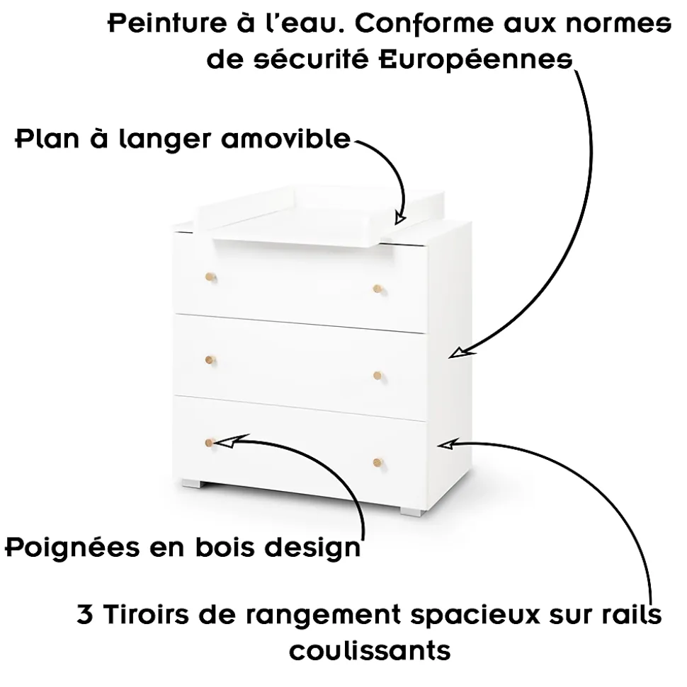 Commode Bébé Avec Plan à Langer Amovible Et 3 Tiroirs Blanc / Pin