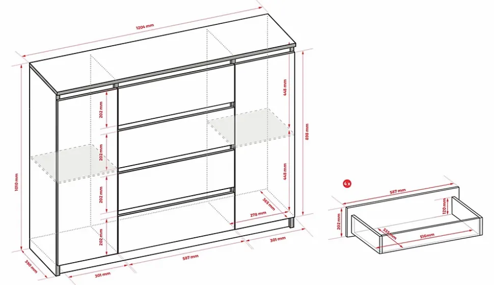 Commode, blanc, 120 x 39 x 101 cm, 2 Portes, 4 Tiroirs, 2 Portes, 4 Tiroirs