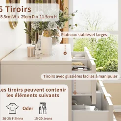 Commode Blanche 6 Tiroirs, Meuble de Rangement, avec Pieds en Métal Doré, en Bois d'Ingénierie, pour Salon,100x40x75cm