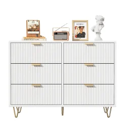 Commode Blanche 6 Tiroirs, Meuble de Rangement, avec Pieds en Métal Doré, en Bois d'Ingénierie, pour Salon,100x40x75cm