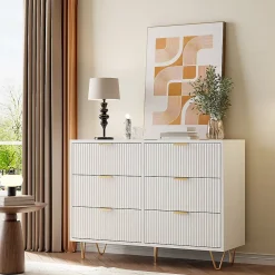 Commode Blanche 6 Tiroirs, Meuble de Rangement, avec Pieds en Métal Doré, en Bois d'Ingénierie, pour Salon,100x40x75cm