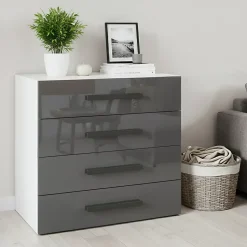 Commode blanche et anthracite brillant 4 tiroirs GoodHome Atomia H. 75 x L. 75 x P. 47 cm