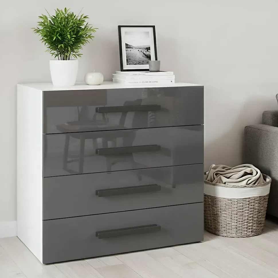 Commode blanche et anthracite brillant 4 tiroirs GoodHome Atomia H. 75 x L. 75 x P. 47 cm